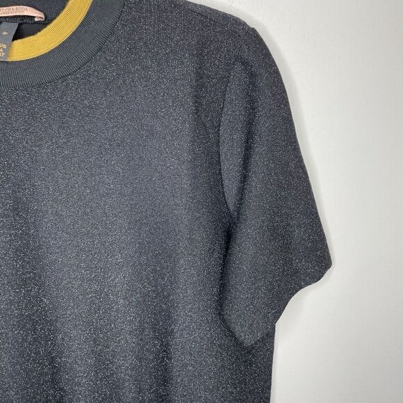 SCOTCH & SODA Top Women Medium Black Metallic Short Sleeve Shirt Viscose Stretch - Picture 2 of 8